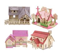 INOOMP 4pcs Wooden Building Puzzle Kit Natural Wood Craft Model for Adults and Smooth Cut Cabin Construction Featuring Western Cottage Purple and American Country Houses