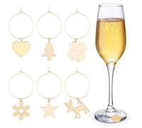 INOOMP 6 Pcs Christmas Wine Glass Ring Metal Marker Set for Party Use | Assorted Style, Golden Polished Finish, Helps Recognize Drinks, Christmas Elements Pattern, Decorative Table Random Style