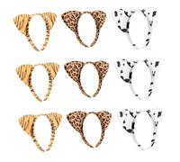 INOOMP 9pcs Leopard Print Animal Ears Headband Set for Women Spa and Makeup Plush Soft Cat Ear Hoops with Tiger and Cow Patterns Comfortable Lightweight Hairbands for Party Cosplay Daily