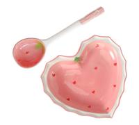 INOOMP Ceramic Heart-Shaped Bowl and Spoon Set with Cute Strawberry Pattern, Pink Ceramic Dessert Bowl for Serving Breakfast Cereals and Desserts, Versatile Use and Home Decor Essential