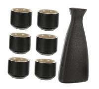 INOOMP Ceramic Sake Cup Set 7pcs Vintage Matte Black Triangle Sake Bottle 6 Japanese Style Ceramic Tea Cups for Traditional Serving