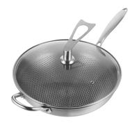 INOOMP Honeycomb Nonstick Stainless Steel Wok Pan with Handle and Lid Large Frying Skillet Traditional Stir Fry Pot for Easy Cooking and Cleaning
