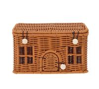 INOOMP Imitation Rattan House Shaped Shelf Basket with Lid Decorative Hand Woven Shelf Organizer Harvest Basket for Picnics Easter Organizing Storage Light Brown