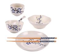 INOOMP Japanese Ceramic Dinnerware Set for One, 6pcs Household Tableware with Bowl, Plate, Dish, Cup, Spoon, and Chopsticks, Blue Plum Pattern, Japanese Style for Everyday Dining