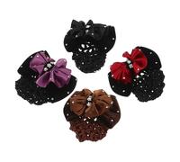 INOOMP Rhinestone Mesh Hair Bun Holder Clips 4Pcs with Bowknot Design, Velvet Material in Purple Black Coffee Red, Comfortable for Nurses and Work Settings
