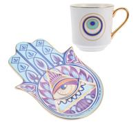 INOOMP Turkish Ceramic Coffee Cup with Saucer Small Retro Style Drinking Mug for Home and Office Heat-Resistant Porcelain Tea Cup with Evil Eye Design Elegant Tableware Gift