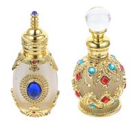 INOOMP Vintage Crystal Glass Perfume Bottles 15ml Set of 2 - Gold Spherical Blue Iridescent Refillable Travel Bottles for Essential Oils and Small Fragrance Storage