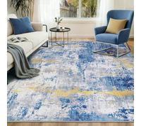 INOVADAY Washable Rugs Living Room 150x210 cm Modern Abstract Rug with Soft Low Pile Vacuum Friendly Non Slip Backing Minimalist Carpet for Lounge Bedroom Dining Room Home Office Blue/Gold