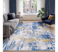 INOVADAY Washable Rugs Living Room 180x270 cm Modern Abstract Rug with Soft Low Pile Vacuum Friendly Non Slip Backing Minimalist Carpet for Lounge Bedroom Dining Room Home Office Blue/Gold