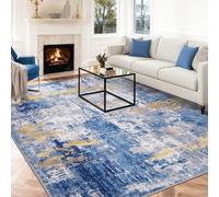 INOVADAY Washable Rugs Living Room 200x300 cm Modern Abstract Rug with Soft Low Pile Vacuum Friendly Non Slip Backing Minimalist Carpet for Lounge Bedroom Dining Room Home Office Blue/Gold