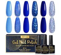 INPING Blue Gel Nail Polish, 6 Colors UV Gel Nail Polish Set, Dark Blue Glitter Silver Navy Sky Blue Ocean Cobalt Blue Sparkle Diamonds Nail Varnish Soak Off UV LED for Women Nail Art Design