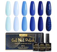 INPING Blue Gel Nail Polish Set, 6 Colors Navy Sky Blue Dream Series Glitter Diamonds Gel Varnish Kit Soak Off UV LED Beauty Set for Grils Women Manicure Salon DIY at Home, Long Lasting