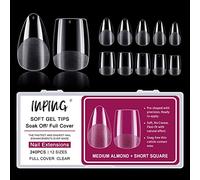 INPING Soft Gel Full Cover Nail Tips, 240PCS Medium Almond + Short Square Clear Gel Nails Tip Extensions Break Resistant Pre-Shaped Mix Acrylic Fake Nails for French Manicure Nail Salons, 12 SIZES