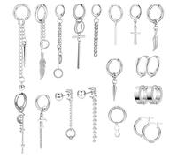 INPION 20 PCS Stainless Steel Hinged Huggie Hoop and Feather Earrings - Silver, Men's & Women's Gift for Birthday, Father's Day & Christmas