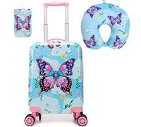 Inprof Kid's Luggage Set 2 Piece Suitcase Set Hardside Luggage with Spinner Wheels Boys Carry on Toddler Travel Rolling Suitcase with Hard Shell Airline Approved, Blue Butterfly, 16 inch