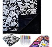 INPUS DIY Coloring Blanket, Coloring Blankets for Adults, Color Your Own Blankets, Creative Personalized Drawing Art Project, Soft Cozy Fleece Drawing Throw Bedroom Decor including colored pencils