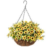 INQCMY Artificial Faux Hanging Flowers Plants Basket for Outdoor Decoration,Fake Silk Daisy in Planter UV Resistant Realistic for Outside Home Porch Patio Yard Balcony Decor(Yellow Green)