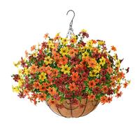 INQCMY Artificial Flowers Hanging Baskets for Outdoors Spring Decor, 12 Bundles Fake Plants Faux Silk Daisy with Eucalyptus Stem UV Resistant for Outside Patio Balcony Garden(Orange Brown Yellow)
