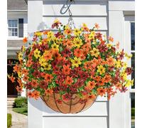 INQCMY Artificial Flowers Hanging Baskets for Outdoors Spring Decor, 12 Bundles Fake Plants Faux Silk Daisy with Eucalyptus Stem UV Resistant for Outside Patio Balcony Garden(Orange Brown Yellow)
