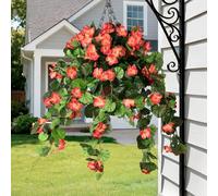 INQCMY Artificial Hanging Flowers Fake Plants for Outdoor Spring Decoration, 2Pcs Realistic Faux Flowers Silk Begonia UV Resistant No Fade for Home Garden Porch Patio Yard Basket(Orange)