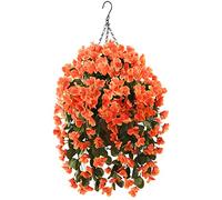 INQCMY Artificial Hanging Flowers in Basket for Fall Autumn Outdoor Decor,Faux Silk Orange Begonia in Planter UV Resistant Realistic for Home Outside Porch Garden Patio Yard Decor