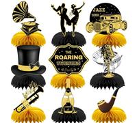 INRUI 9 Pieces Roaring 20s Party Honeycomb Centrepieces Black and Gold 1920s Decorations Vintage Music Themed Wedding Party Table Toppers Supplies