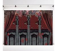 INRUI Halloween Gothic Mansion Photography Backdrop Halloween Red Curtain Terror Skull Haunted House Party Decorations Banner (7x5FT)