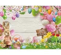 INRUI Happy Easter Photography Backdrop Spring Easter Theme Rabbit Colorful Eggs Green Grass Floral Party Decorations Banner (10x8FT)