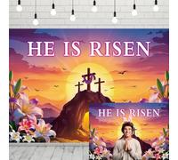 INRUI He is Risen Photography Backdrop Easter Jesus Cross Resurrection Celebration Party Decorations Banner (8x6FT)