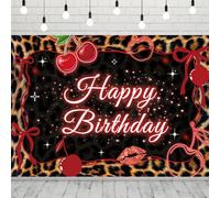 INRUI Red Cheetah Print Photography Backdrop Y2K Cherry Leopard Bow Lips Fashion Glitter Woman Birthday Party Decorations Banner (8x6FT)