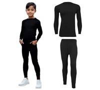 INSAFIANS Kids Thermal Long Johns Set Base Layer Sports Gym Underwear Long Sleeve Top Bottom Compression Set Athletic (Black, Set 9-11 Years)