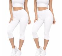 INSAFIANS Ladies 2 Pack Capri Leggings 3/4 Length Elastic Waist Stretchy Fit Cropped Trouser Legging Gym Activewear (White Pack 2 S-M)