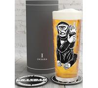 Insaxa Grandad Gifts Cheeky Monkey Beer Glass (1 Pint/580ml) and 2 Silicone Coasters Father's Day Gifts for Grandad