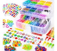INSCRAFT 17500+ Loom Bands Refill Kit, 28 Colours Rubber Bands Set with 3 Layers Storage Box, 600 S Clips, 352 Beads, 40 Cartoon Pendants, Bracelet Making Loom Refill Set for Girls Kids DIY Craft
