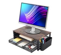 Inscrip Monitor Stand Riser, Office Desk Riser with Drawer & Pen Holders, 2-Tier Computer Stand with Shelf Organizer, Ergonomic Laptop Stand for Desk, Wood Office Organization Space-Saving Accessories
