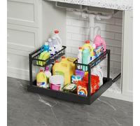 Inscrip Under Sink Storage, 32-52cm Width Expandable, One Side 6 Levels Height Adjustable, 2 Tier Metal Pull Out Under Sink Organiser Rack with 3 Sliding Rails for Kitchen Cupboard, Bathroom Pantry