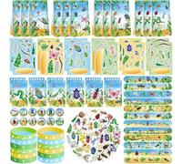 Insect Bug Party Favors, 12 Goodie Bags, 12 Mini Notepads, 12 Rubber Bracelets, 50 Stickers, 12 Assemble Stickers, 12 Button Badges, 12 Slap Bracelets for Garden Reptile Party Supplies, 122PCS