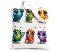 Insect Canvas Tote Bags, Colorful Bug Design Reusable Grocery Bags, Fun Lightweight Washable Shoulder Strap Bags for Gym Outdoor Travel Picnic 13x15 Inch