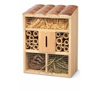 Insect Hotel Wooden Bee & Butterfly House - Large Garden Habitat Box 21.5cm Natural Wood Bug Shelter with Bamboo Tubes Pine Cones Mesh Nesting Sections for Pollinators Ladybirds Wildlife Garden (4)
