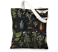 Insect Pattern Canvas Tote Bags, Vintage Botanical Art Reusable Grocery Bags, Lightweight Washable Shoulder Strap Bags for, Black, 13x15 Inch