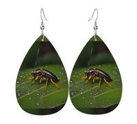 Insects on leaves Leather Earring. Stylish teardrop shape, perfect for women, and a great decorative choice for parties and holidays.