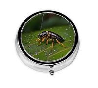 Insects on Leaves Metal Iron Electroplating, Round Pill Box, 2.0x2.0x0.7 inches, with 3 Plastic compartments