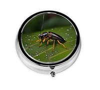 Insects On Leaves Round Pill Box. Portable Daily Medication Organizer, Travel-Friendly Design.