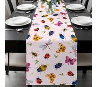 Insects Table Runner 14x72 Inches Long Colorful Butterfly Dragonfly Ladybird Bee Grass Nature Pink Cotton Linen Table Runner Burlap Style for Dinner Table Party Decor Tabletop Decorations