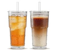 INSETLAN 2-Pack Hobnail Iced Coffee Cups, 600ml Leakproof Glass Tumbler with Lids and Straws,Slushy Matcha Cup, On The Go Drinkware for Matcha, Smoothie, Iced Latte