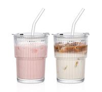 INSETLAN 380ml Glass Tumbler with Lid and Straw 2 Pack - Ribbed Glass Cup Iced Coffee Glasses, On The Go Leakproof Tumbler Cup for Smoothies, Iced Latte,Matcha, Cold Drinks (2)
