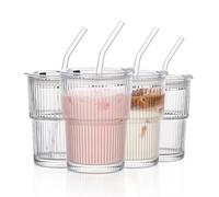 INSETLAN 380ml Glass Tumbler with Lid and Straw 4 Pack - Ribbed Glass Cup Iced Coffee Glasses, Clear Leakproof Tumbler Cup for Smoothies, Iced Latte,Matcha, Cold Drinks