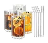 INSETLAN 500ml Drinking Glasses Set of 4,Origami Ribbed Cup Glassware with Straws, Transparent Cocktail Glasses Set, Bar Beverages Iced Coffee Cup Juice Ripple