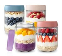 INSETLAN 500ml Glass Overnight Oats Jars with Lids, 6 Pack Ribbed Glass Mason Jars for Meal Prep, Glass Food Storage Containers for Storage, Yogurt, Snacks, Fruit & Vegetables, Milk (4)