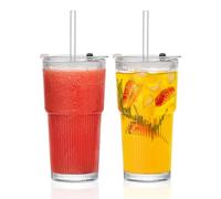INSETLAN 530ml/20oz Glass Tumbler with Straw and Lid, Iced Latte Glass 2 Pack, Stylish Ribbed Design Drinking Glasses for Iced Coffee Cups, Matcha, Smoothies,Juice, Cold Beverages